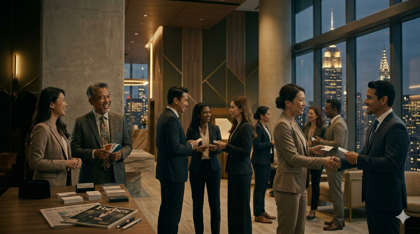 Business professionals networking and exchanging cards at a New York event